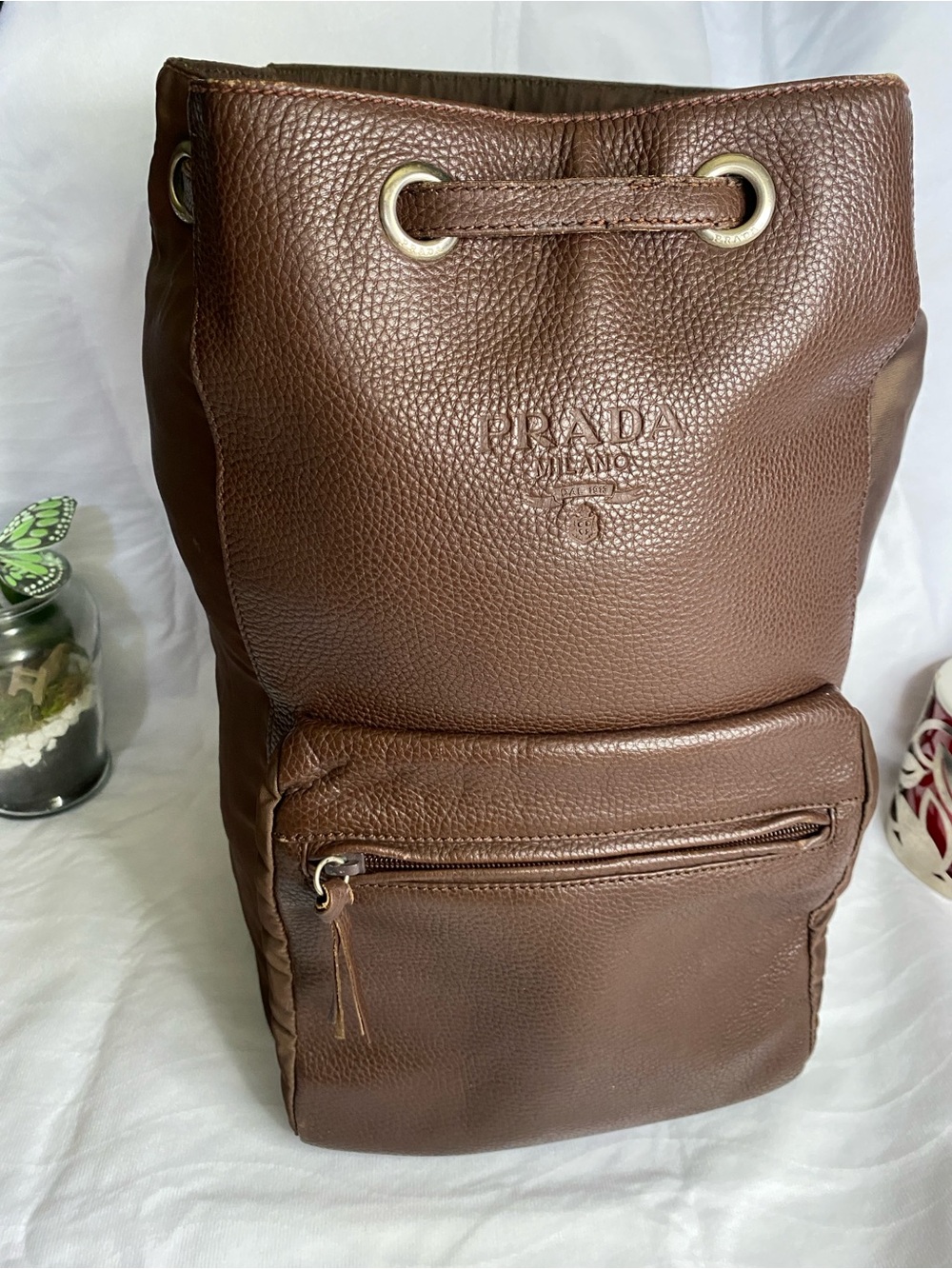 Prada Brown Pebbled Leather Drawstring Backpack